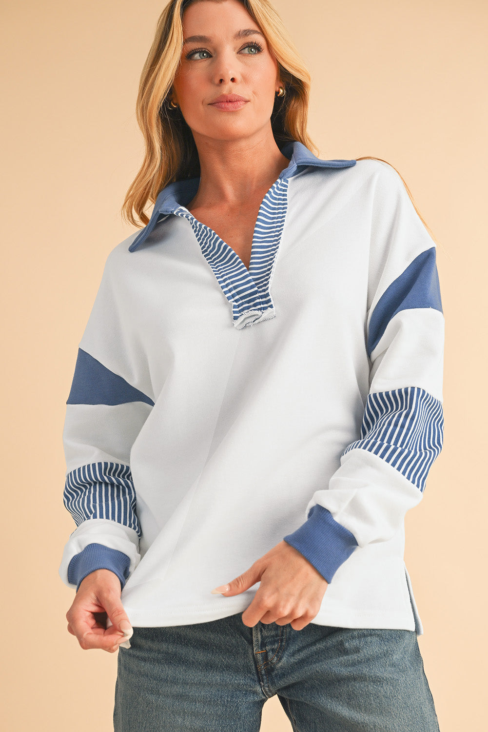 Sail Blue Striped Patchwork Collar Sweatshirt - Sweatshirts & Hoodies