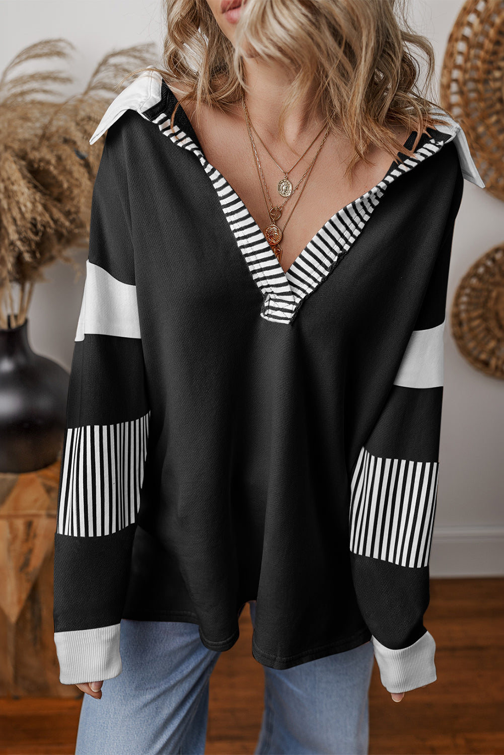 Sail Blue Striped Patchwork Collar Sweatshirt - Sweatshirts & Hoodies