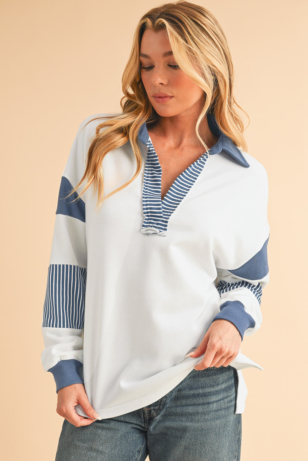 Sail Blue Striped Patchwork Collar Sweatshirt - Sweatshirts & Hoodies