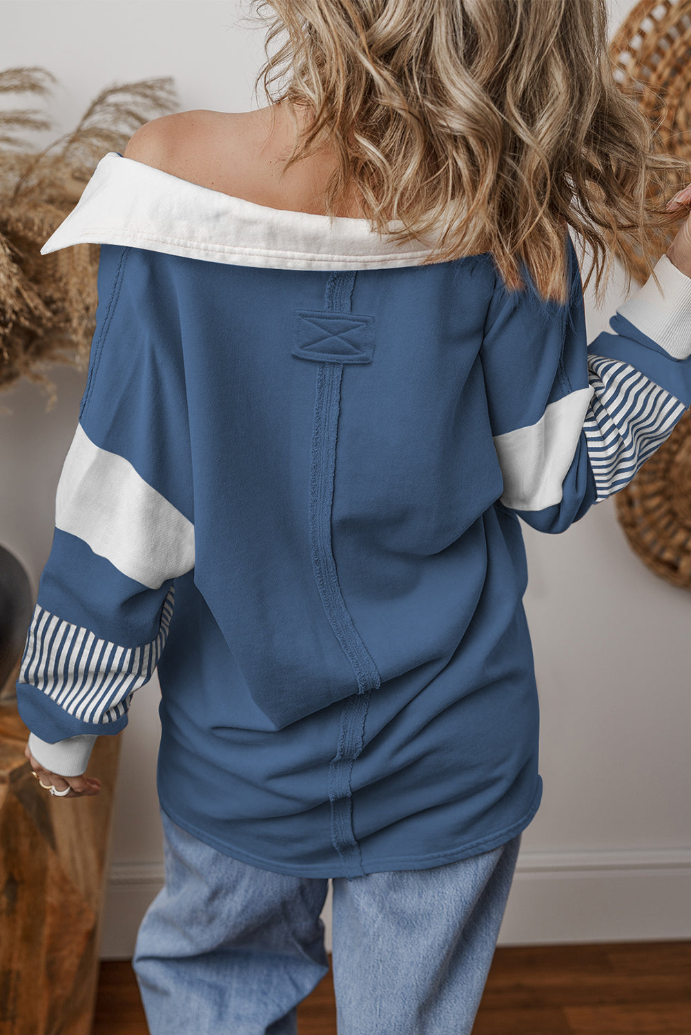 Sail Blue Striped Patchwork Collar Sweatshirt - Sweatshirts & Hoodies