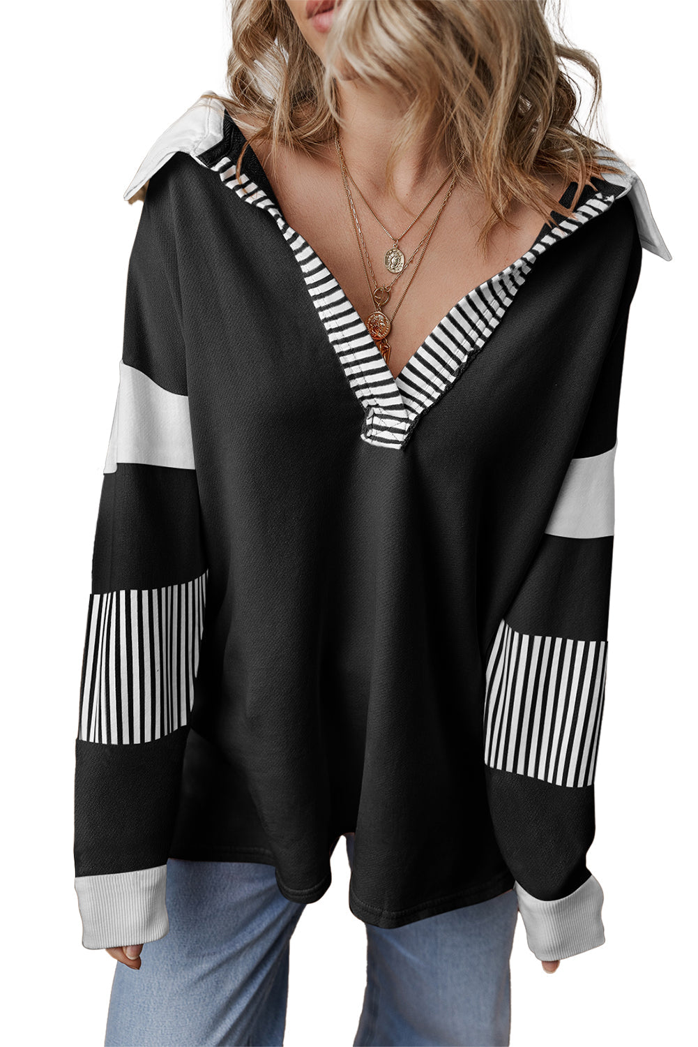 Sail Blue Striped Patchwork Collar Sweatshirt - Sweatshirts & Hoodies