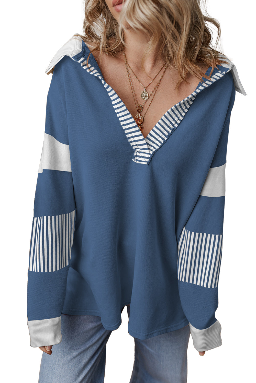 Sail Blue Striped Patchwork Collar Sweatshirt - Sweatshirts & Hoodies