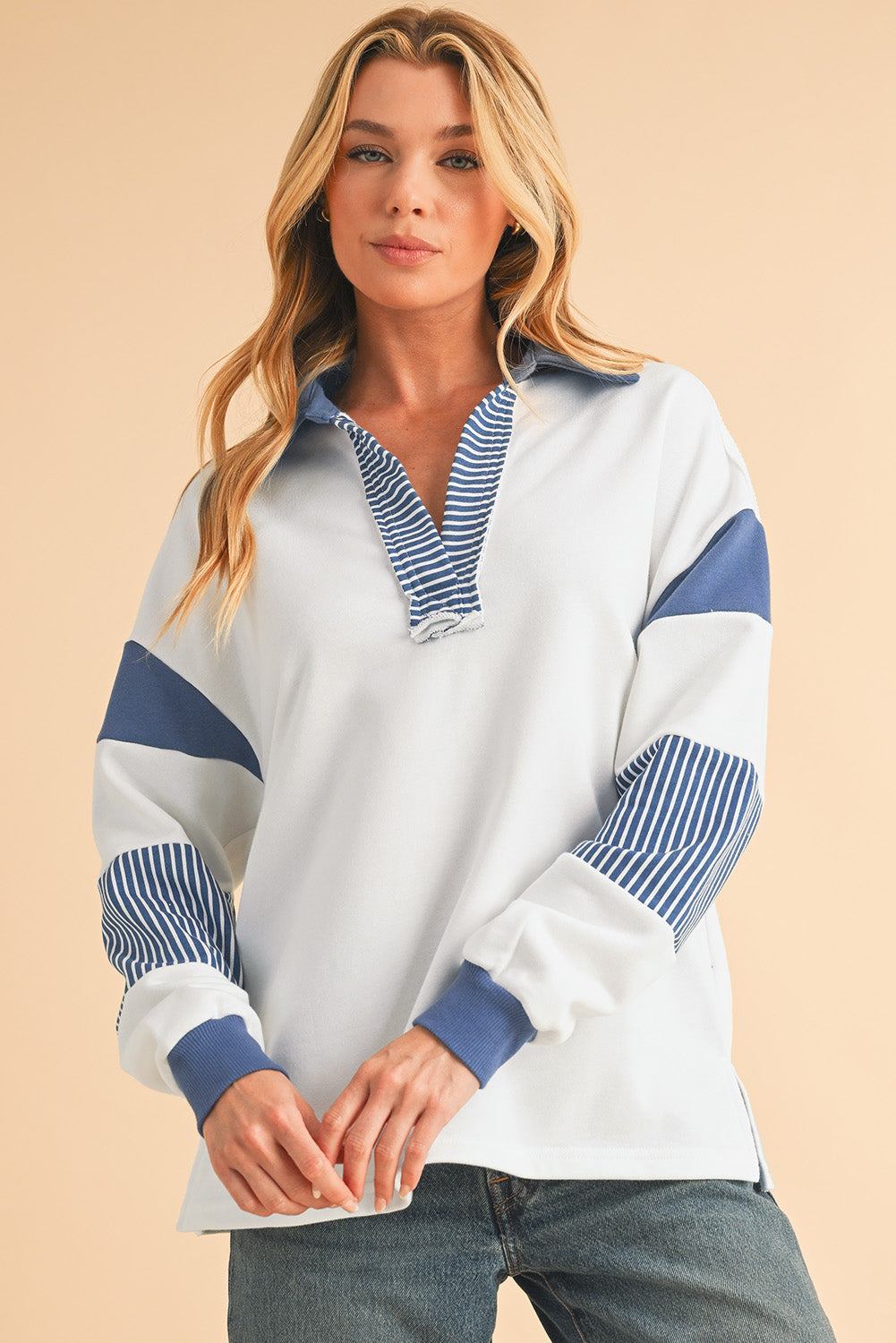 Sail Blue Striped Patchwork Collar Sweatshirt - Sweatshirts & Hoodies