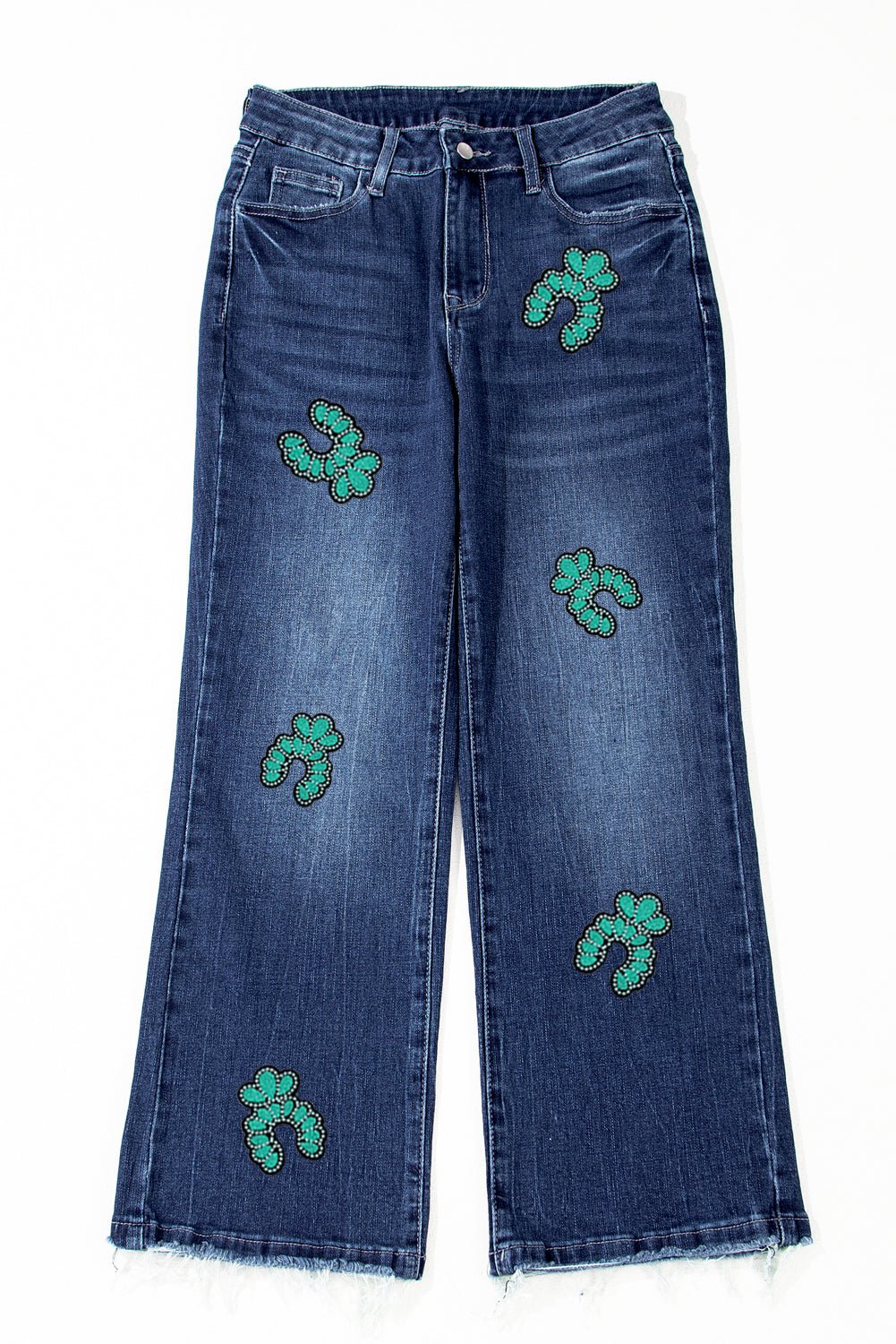 Sail Blue Turquoise Pattern Raw Edge Cropped High Waist Jeans - MAD RUFFI