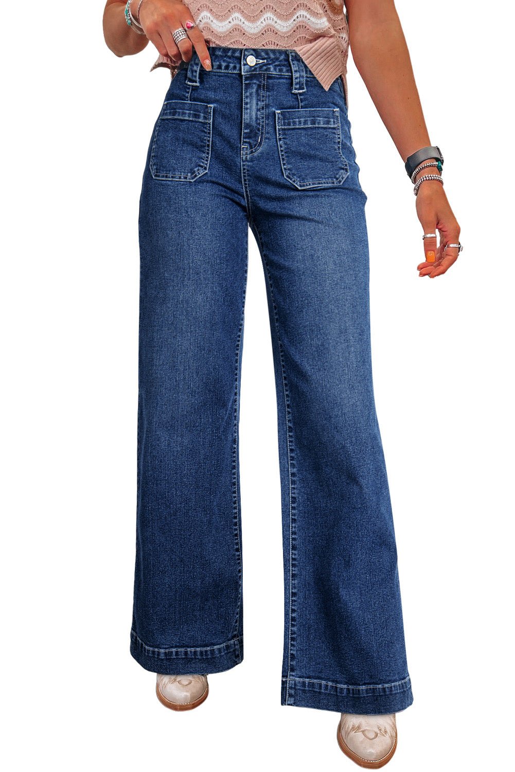 Sail Blue Wide Leg Pocketed High Waist Jeans - MAD RUFFI