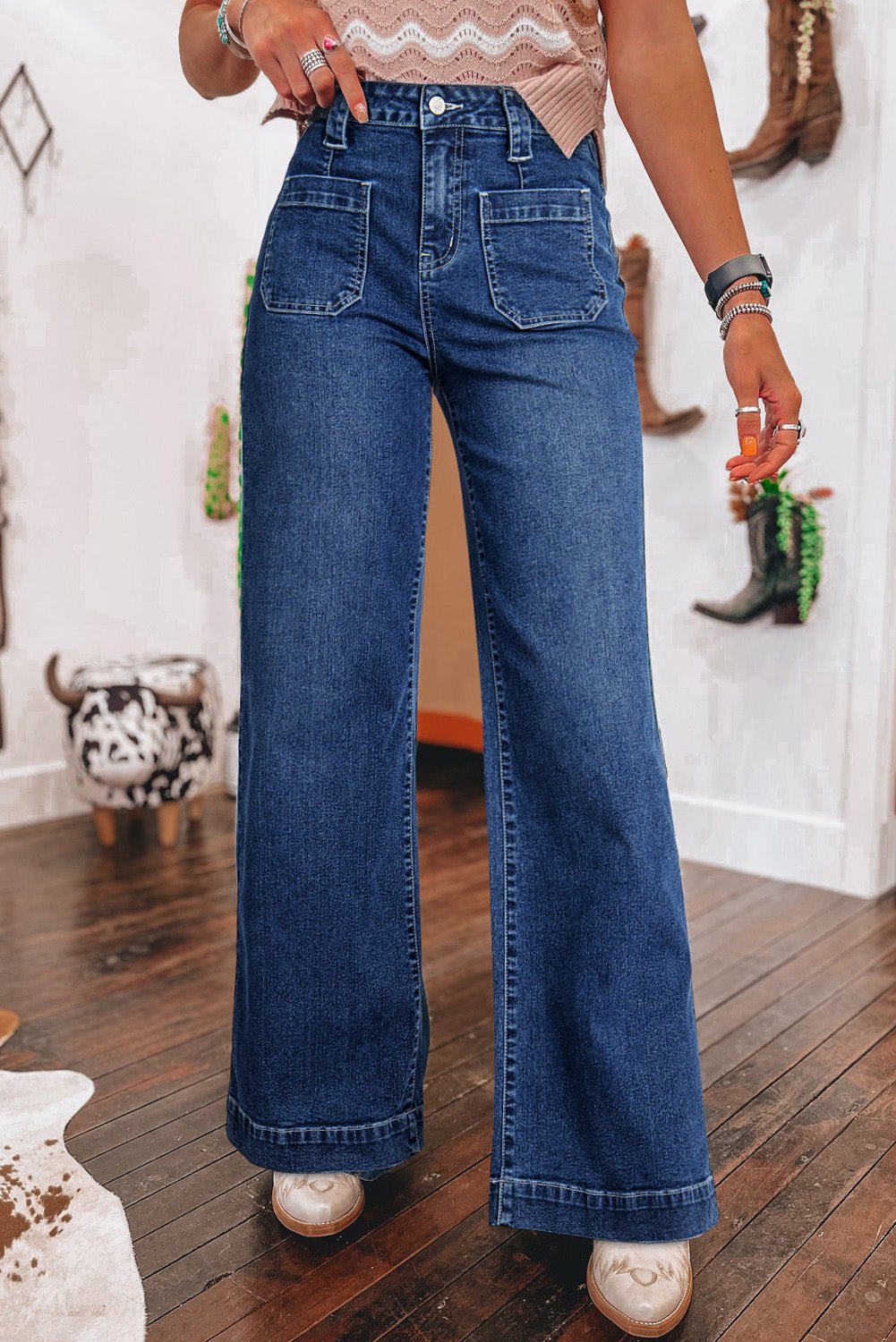 Sail Blue Wide Leg Pocketed High Waist Jeans - MAD RUFFI