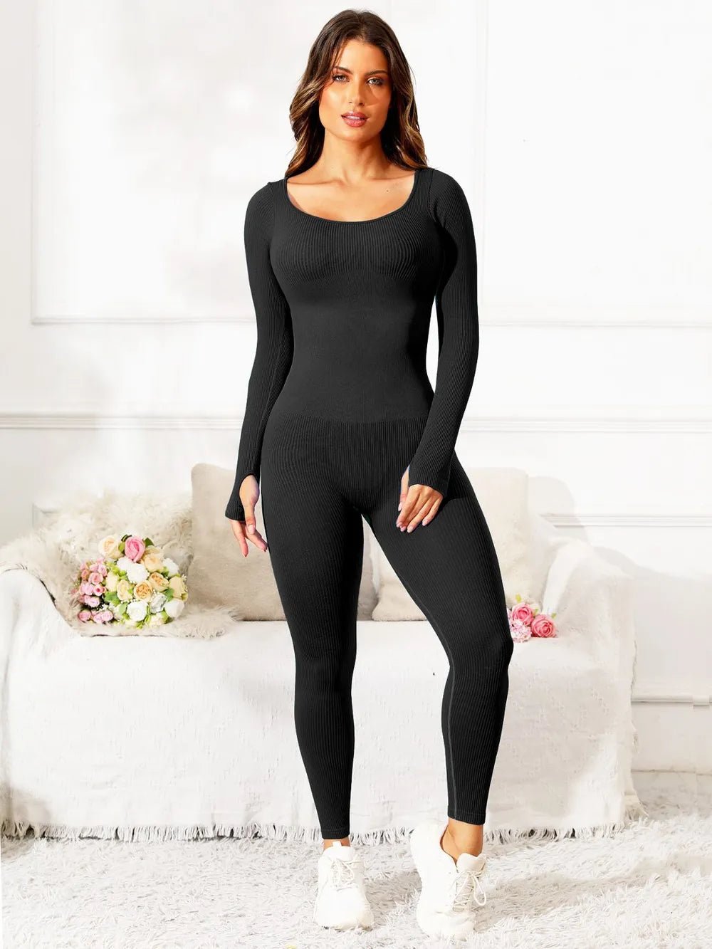 Scoop Neck Long Sleeve Active Jumpsuit - MAD RUFFI