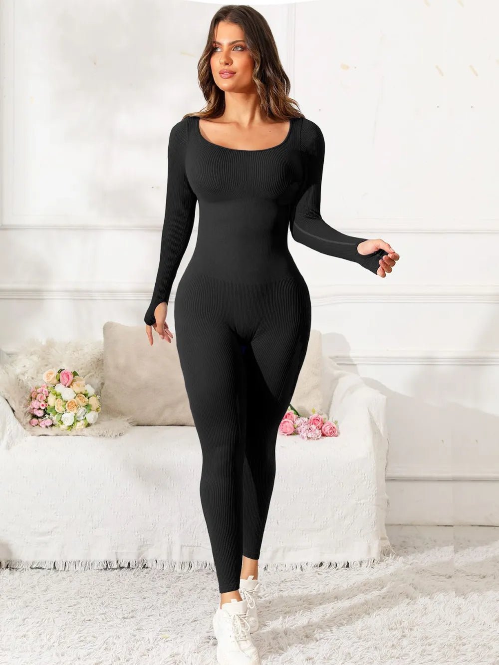 Scoop Neck Long Sleeve Active Jumpsuit - MAD RUFFI