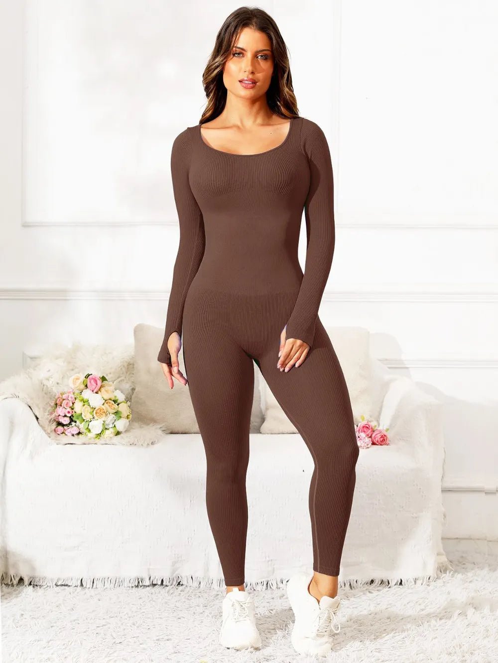 Scoop Neck Long Sleeve Active Jumpsuit - MAD RUFFI