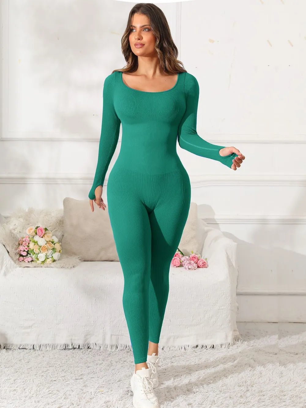 Scoop Neck Long Sleeve Active Jumpsuit - MAD RUFFI