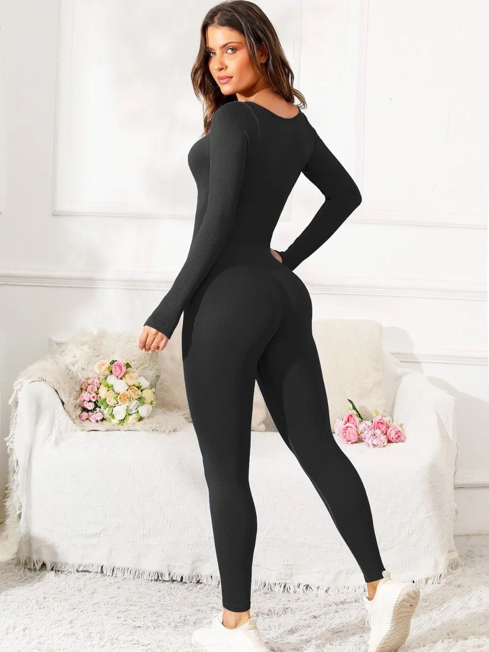 Scoop Neck Long Sleeve Active Jumpsuit - MAD RUFFI