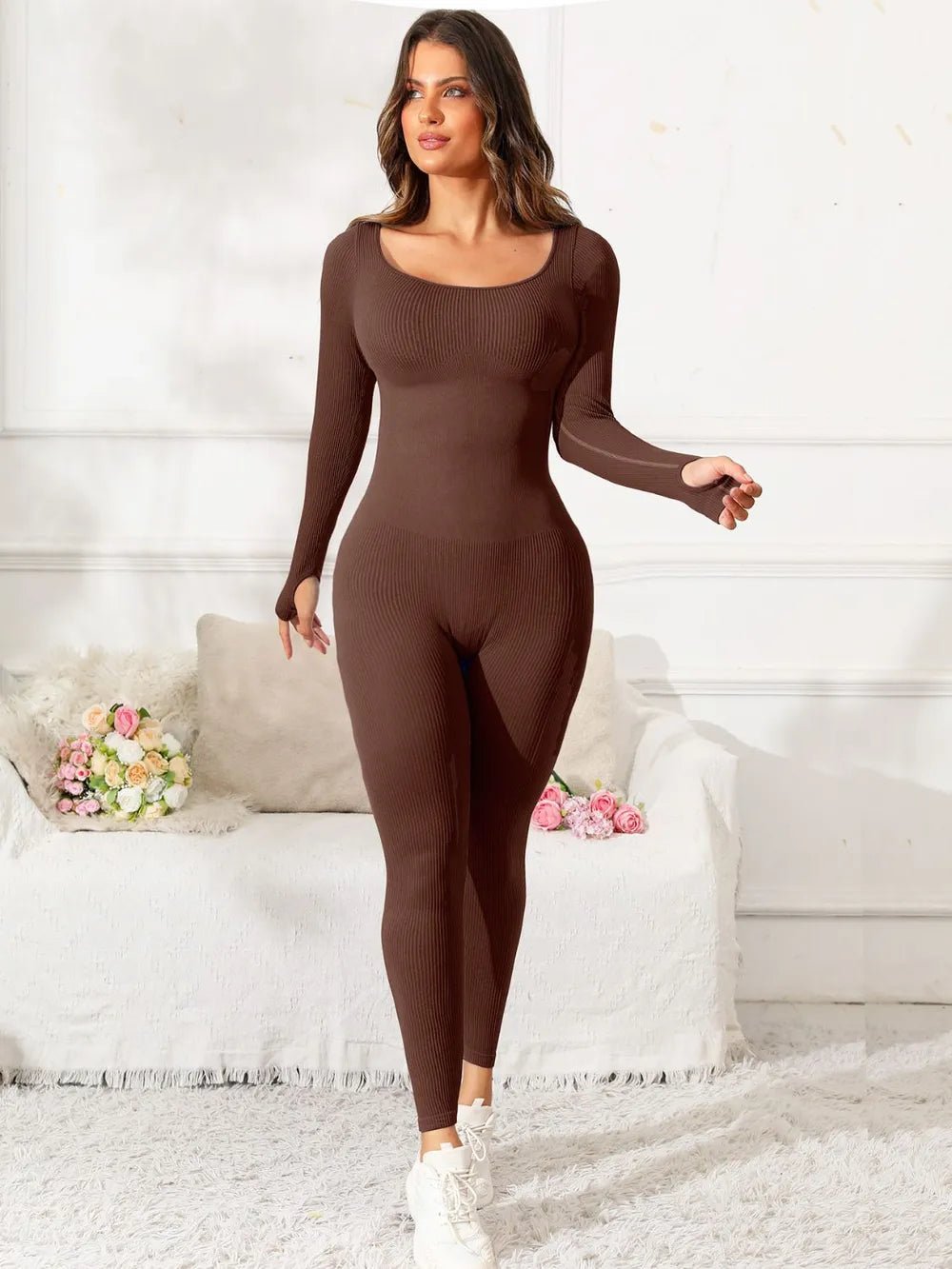 Scoop Neck Long Sleeve Active Jumpsuit - MAD RUFFI