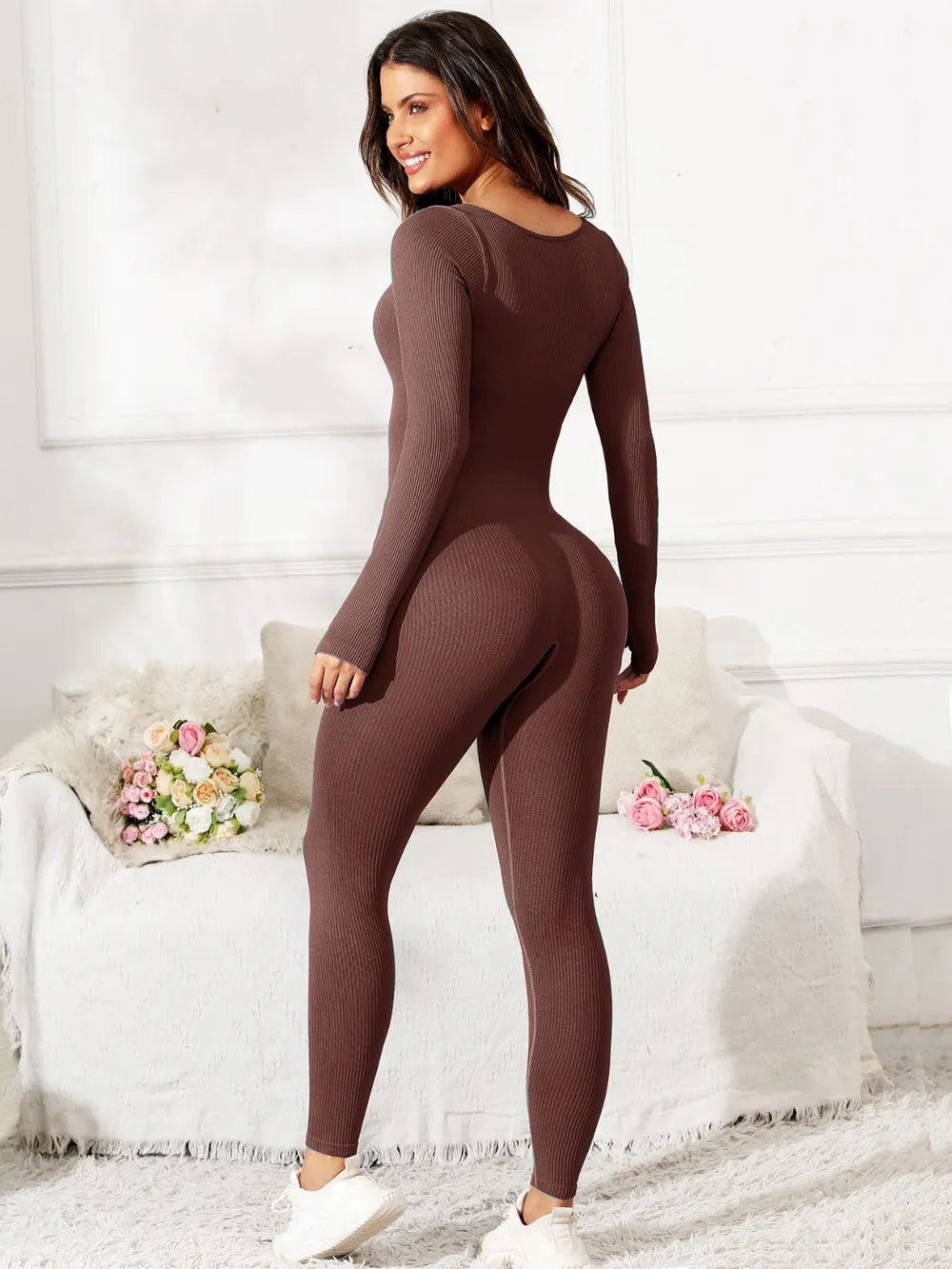 Scoop Neck Long Sleeve Active Jumpsuit - MAD RUFFI