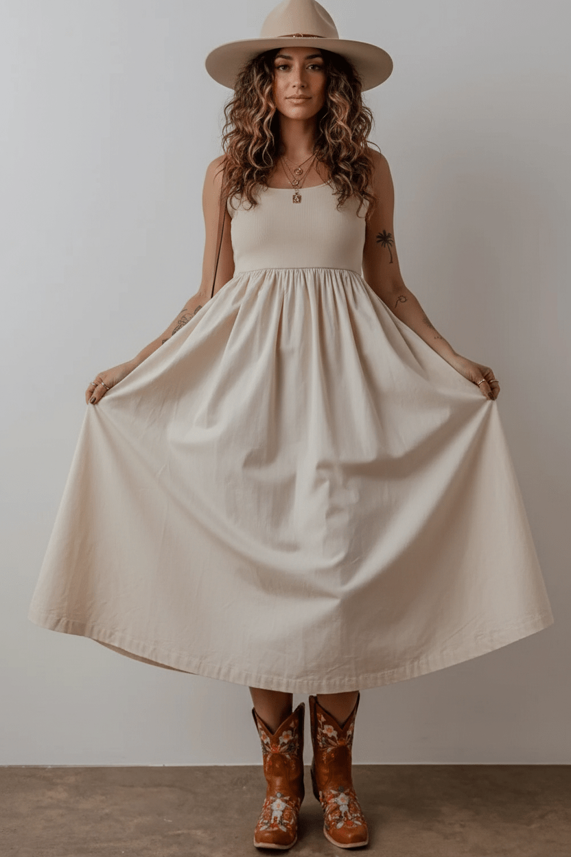 Scoop Neck Ribbed Bodice Sleeveless Midi Tank Dress - MAD RUFFI