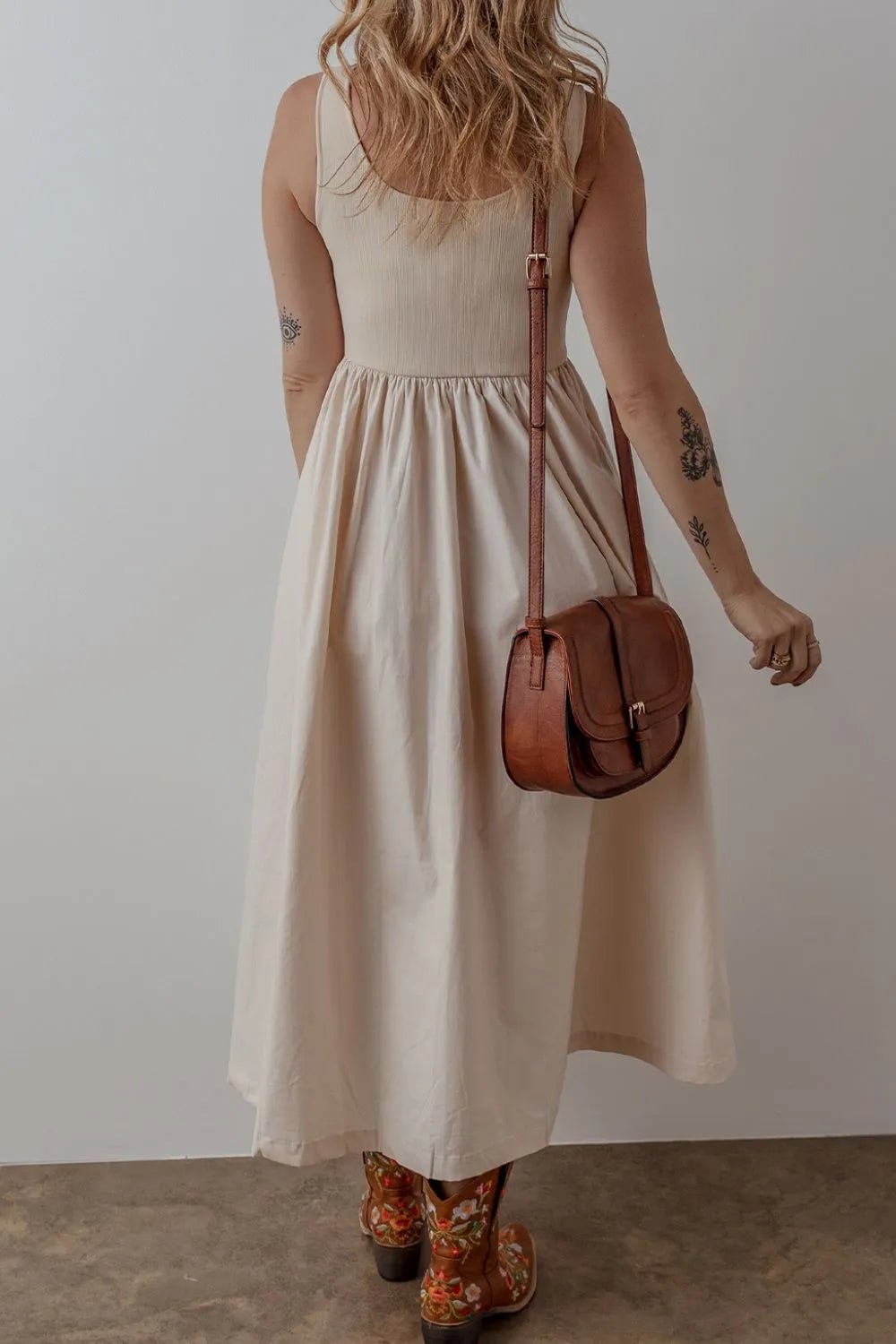 Scoop Neck Ribbed Bodice Sleeveless Midi Tank Dress - MAD RUFFI