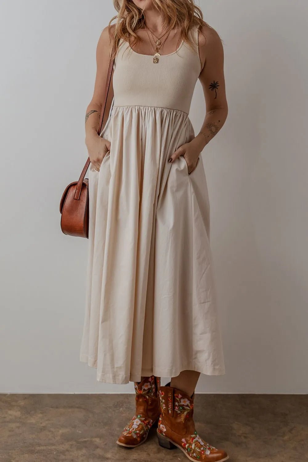 Scoop Neck Ribbed Bodice Sleeveless Midi Tank Dress - MAD RUFFI