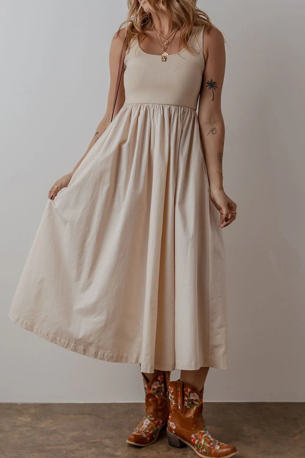 Scoop Neck Ribbed Bodice Sleeveless Midi Tank Dress - MAD RUFFI