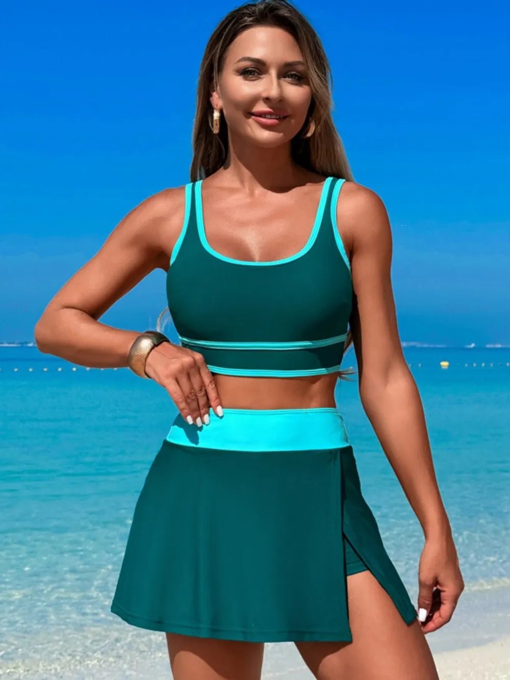 Scoop Neck Top and Skort Swim Set - MAD RUFFI