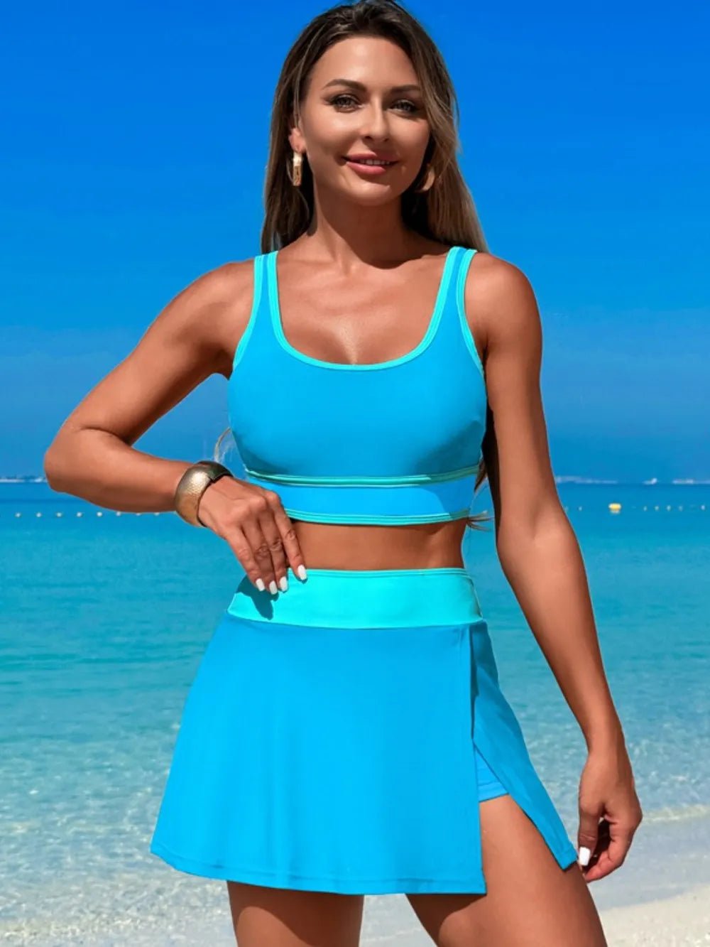 Scoop Neck Top and Skort Swim Set - MAD RUFFI