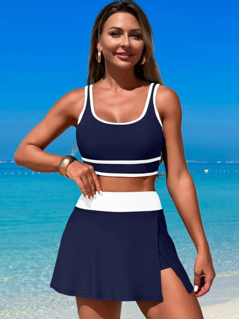 Scoop Neck Top and Skort Swim Set - MAD RUFFI