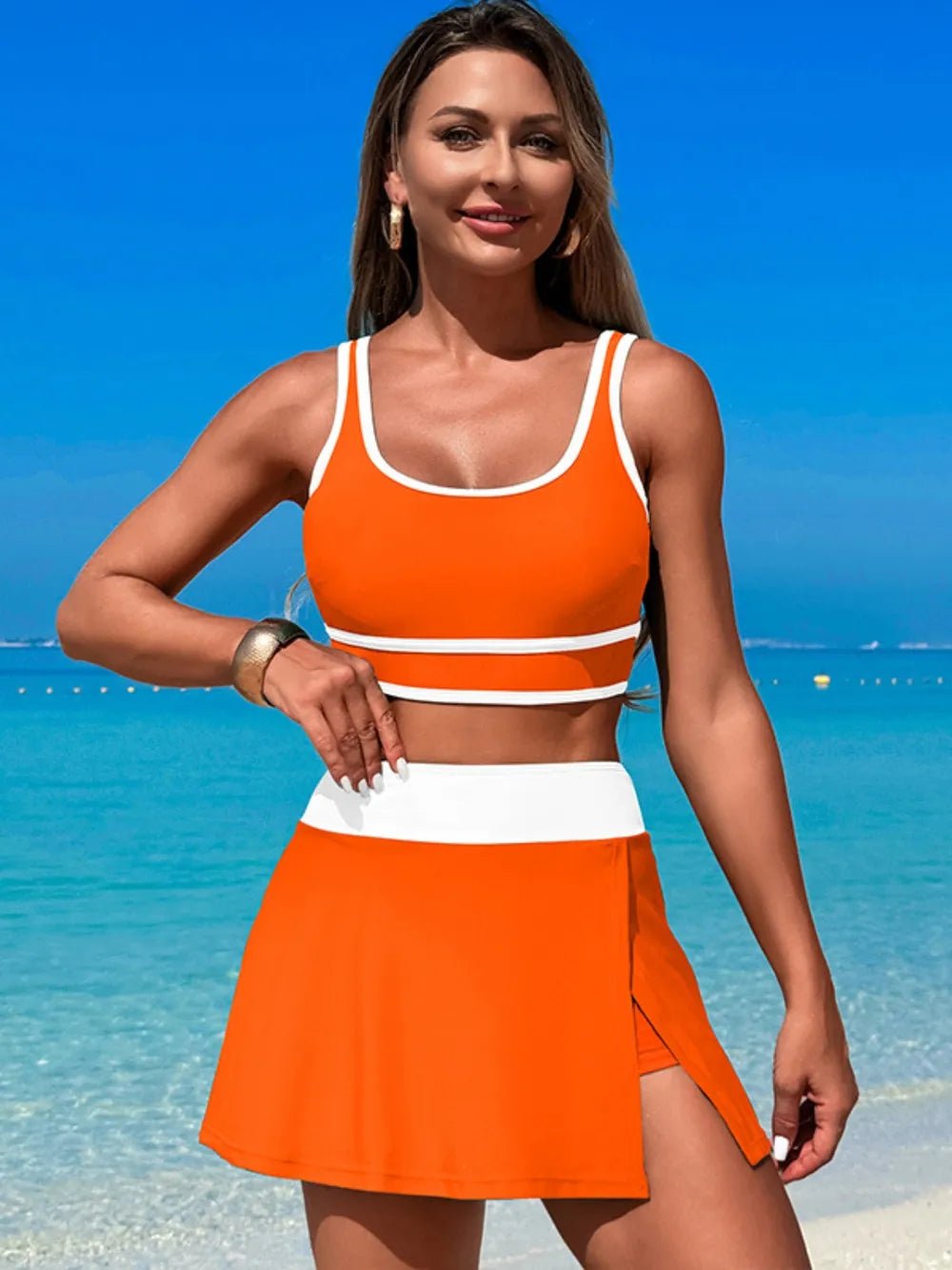 Scoop Neck Top and Skort Swim Set - MAD RUFFI