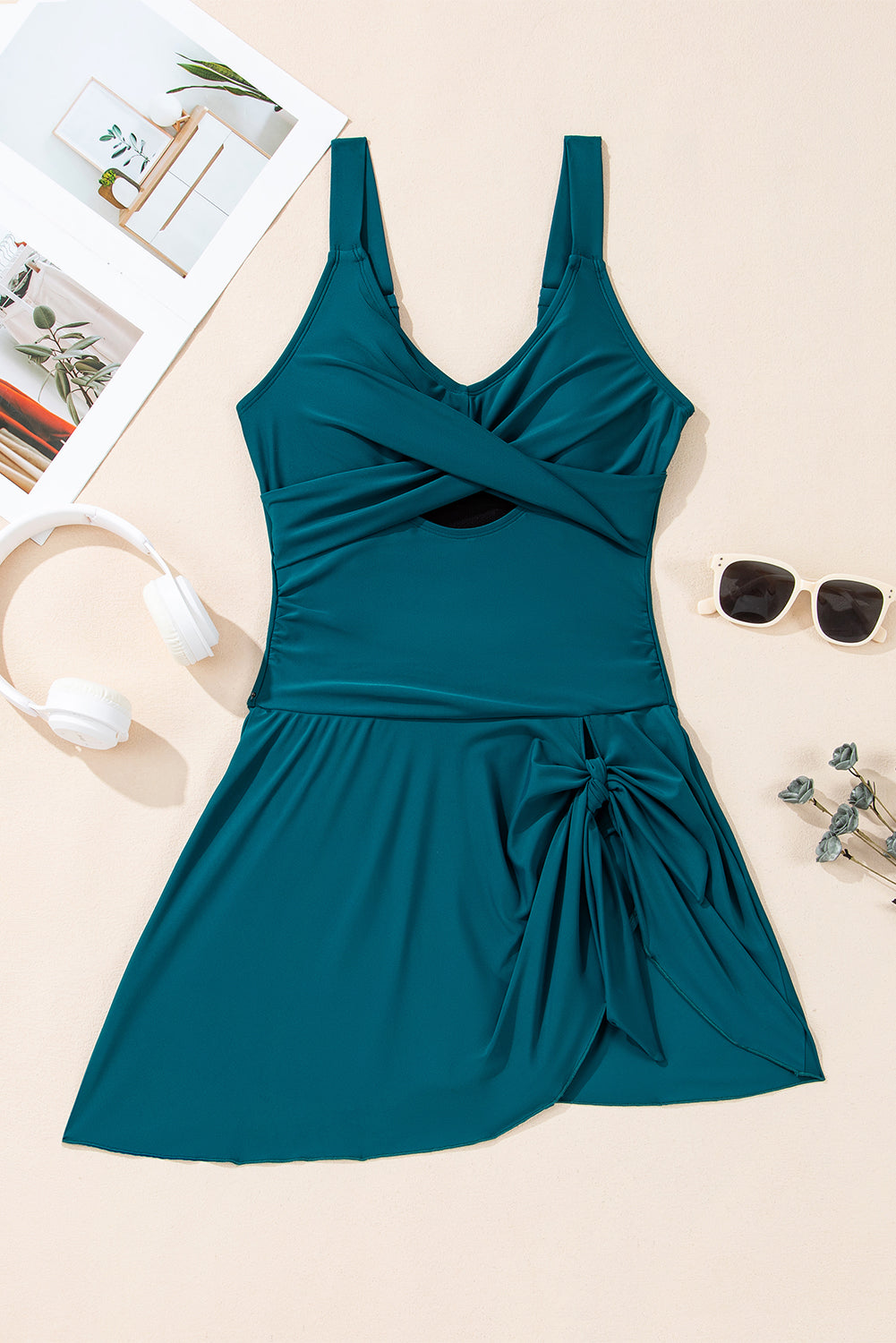 Sea Green Adjustable Straps Cutout Ruched Knot Slit One Piece Swim Dress - One-Piece