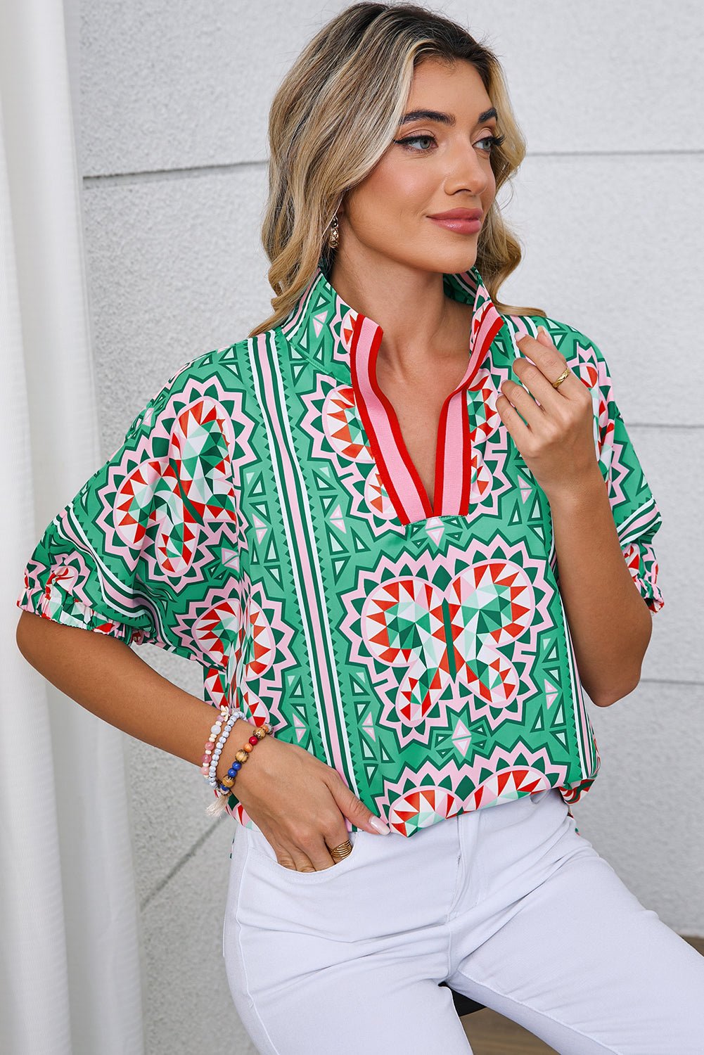 Sea Green Boho Geometric Print Pop of Color Neckline Blouse - MAD RUFFI