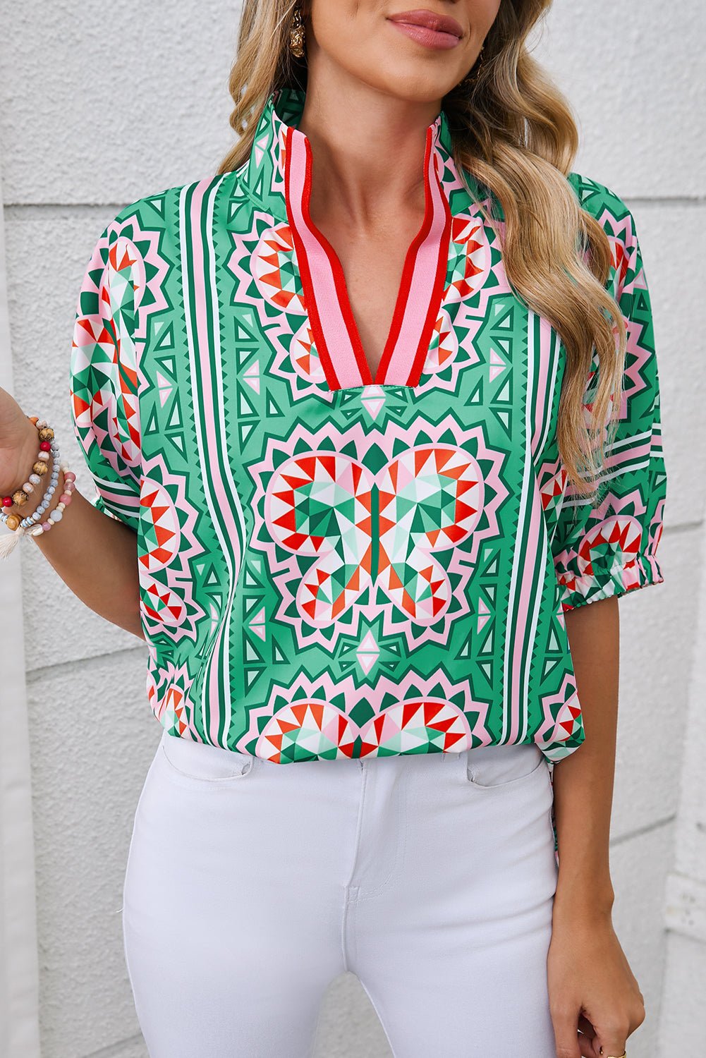 Sea Green Boho Geometric Print Pop of Color Neckline Blouse - MAD RUFFI
