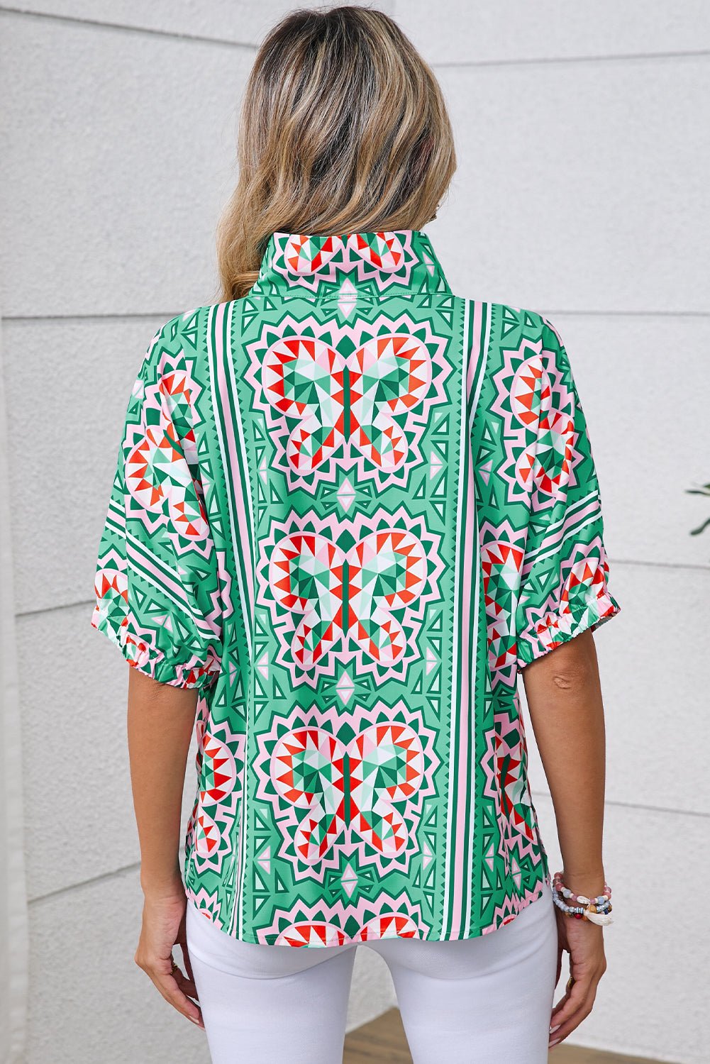 Sea Green Boho Geometric Print Pop of Color Neckline Blouse - MAD RUFFI