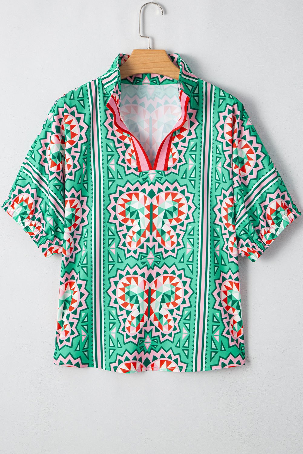 Sea Green Boho Geometric Print Pop of Color Neckline Blouse - MAD RUFFI