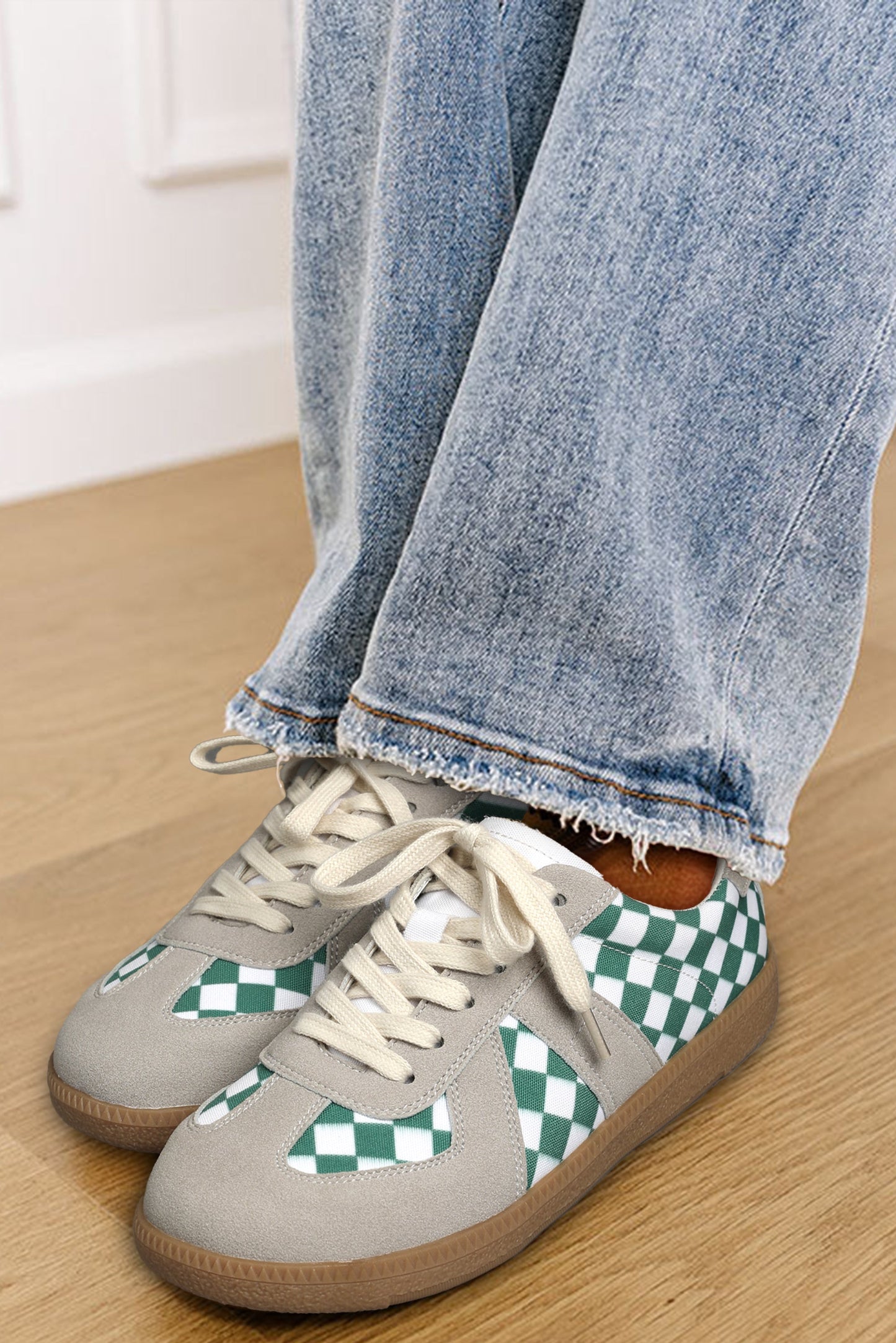 Sea Green Checkered PU Leather Lace-up Sneakers - MAD RUFFI