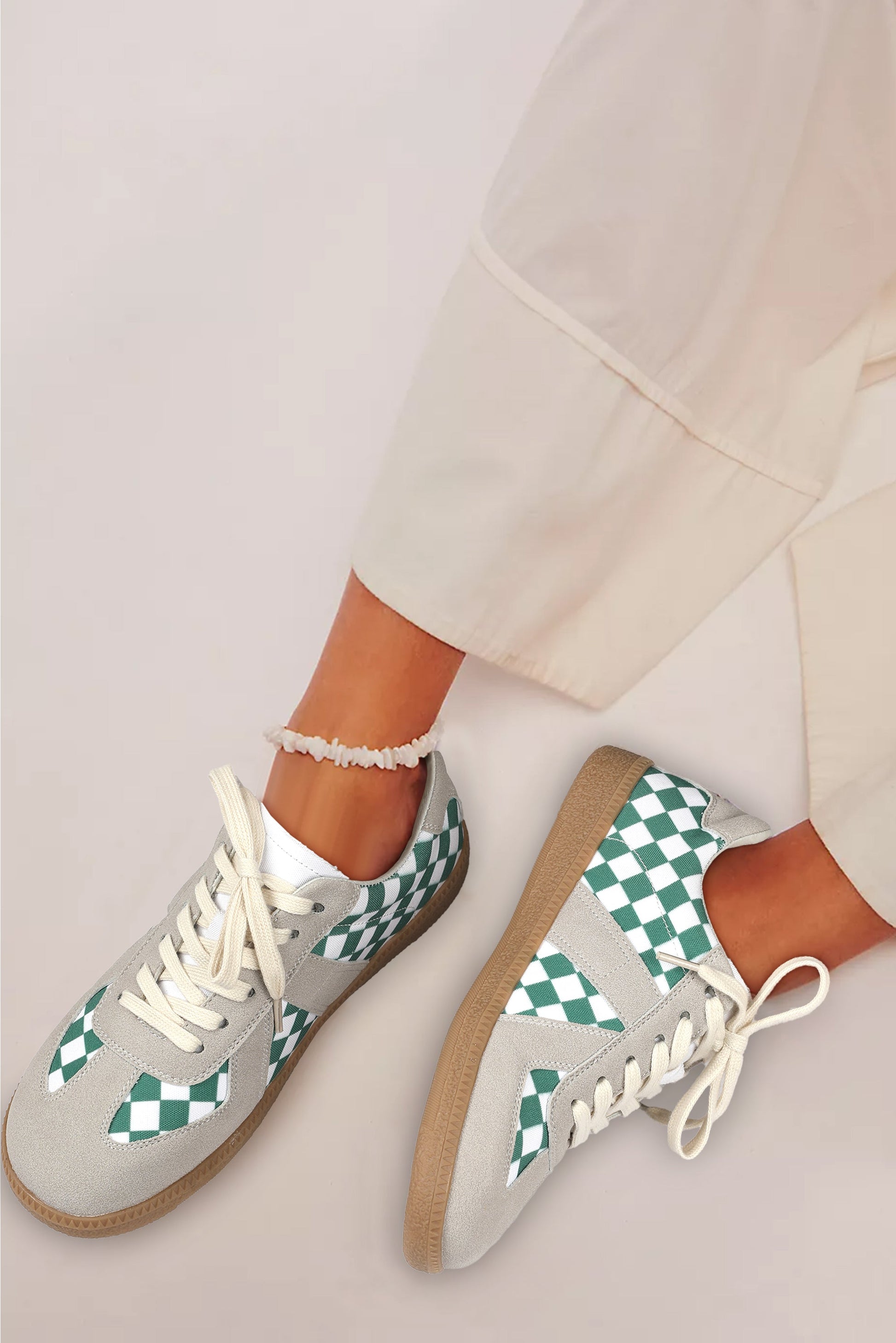 Sea Green Checkered PU Leather Lace-up Sneakers - MAD RUFFI