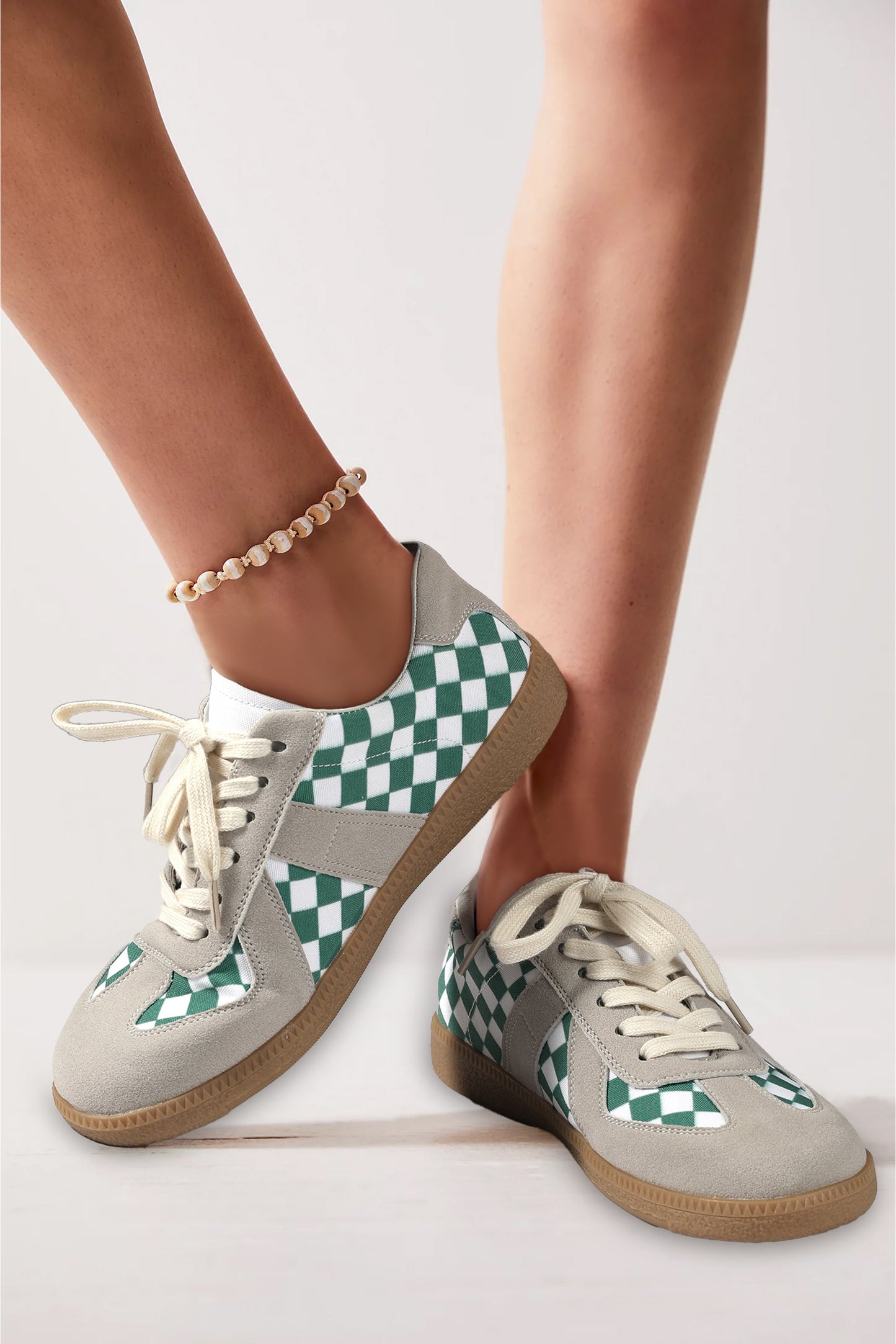 Sea Green Checkered PU Leather Lace-up Sneakers - MAD RUFFI