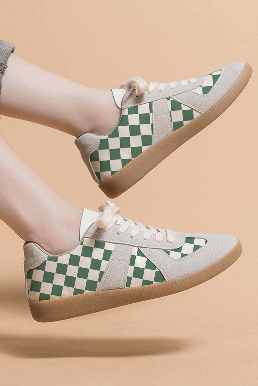 Sea Green Checkered PU Leather Lace-up Sneakers - MAD RUFFI