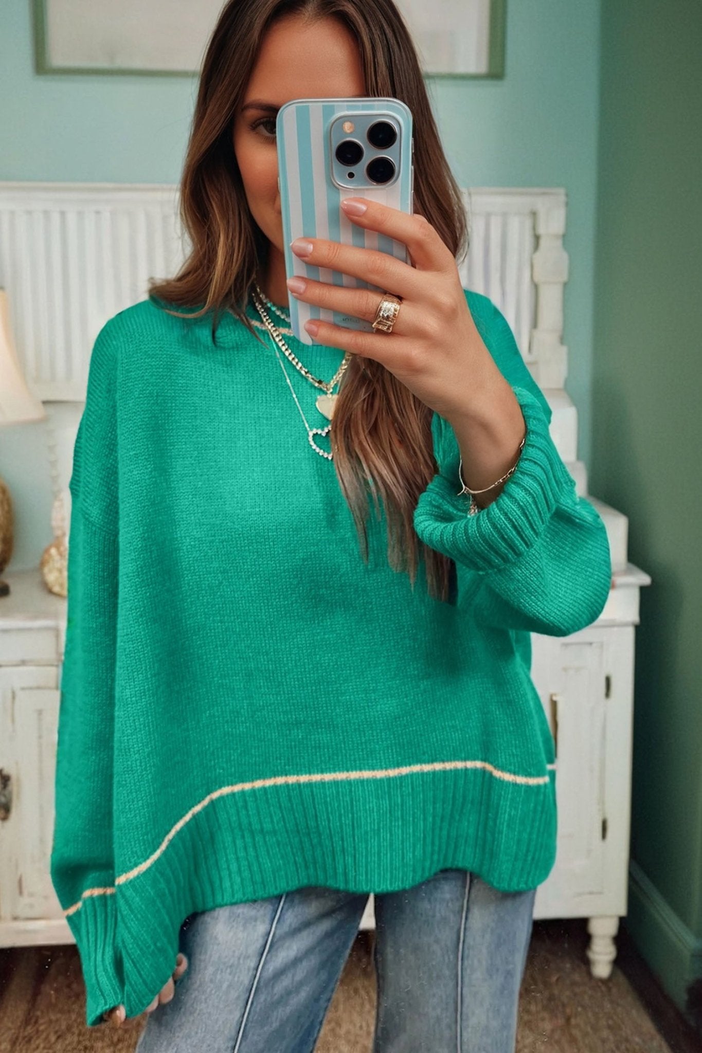Sea Green Contrast Detail Drop Shoulder Baggy Sweater - MAD RUFFI