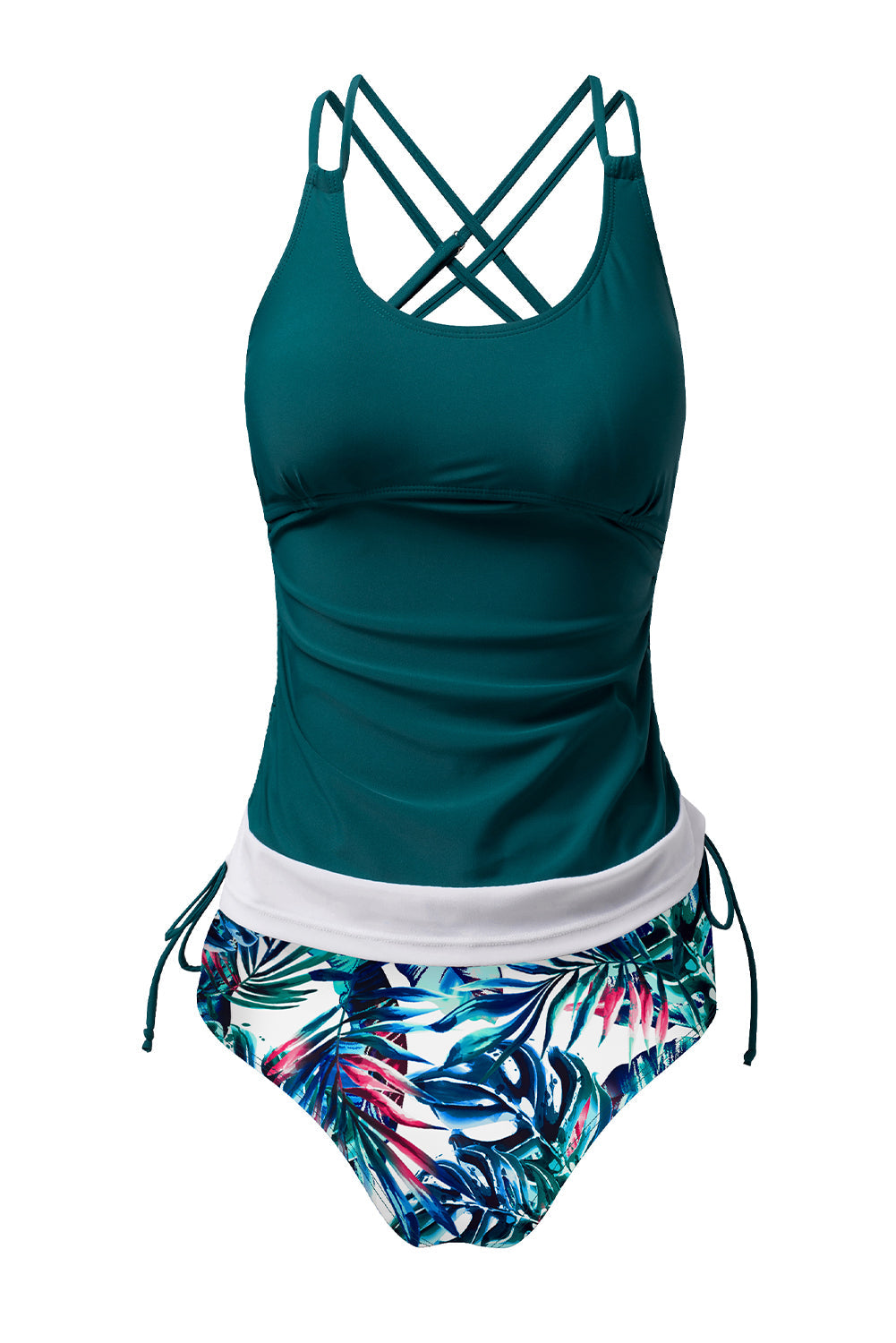 Sea Green Drawstring Tummy Control 2pcs Tankini Set - Bikini Sets