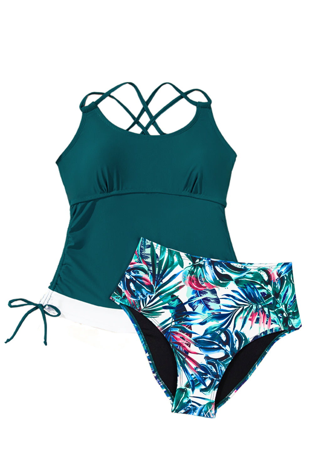 Sea Green Drawstring Tummy Control 2pcs Tankini Set - Bikini Sets