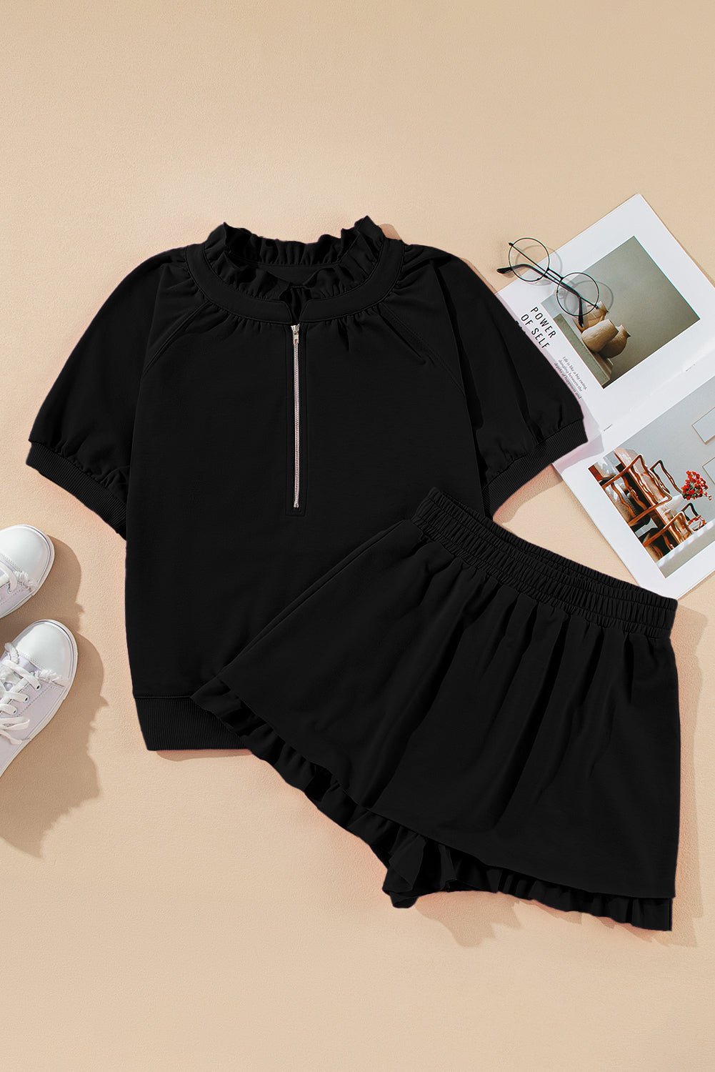 Sea Green Half Zip Puff Sleeve Top and Ruffle Shorts Set - MAD RUFFI