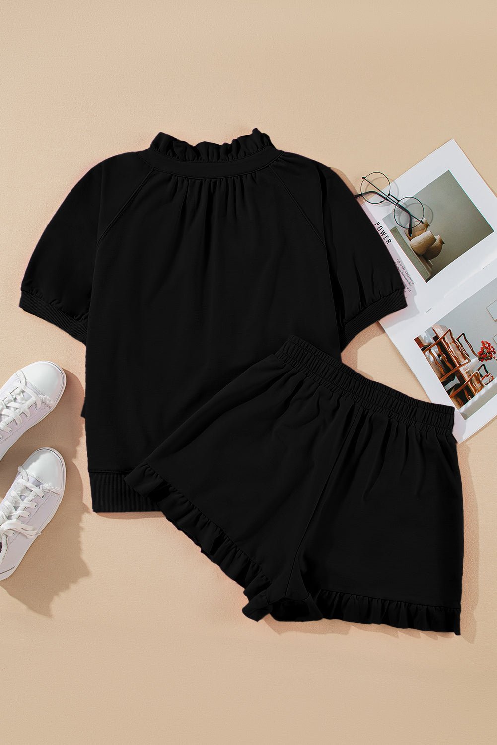 Sea Green Half Zip Puff Sleeve Top and Ruffle Shorts Set - MAD RUFFI