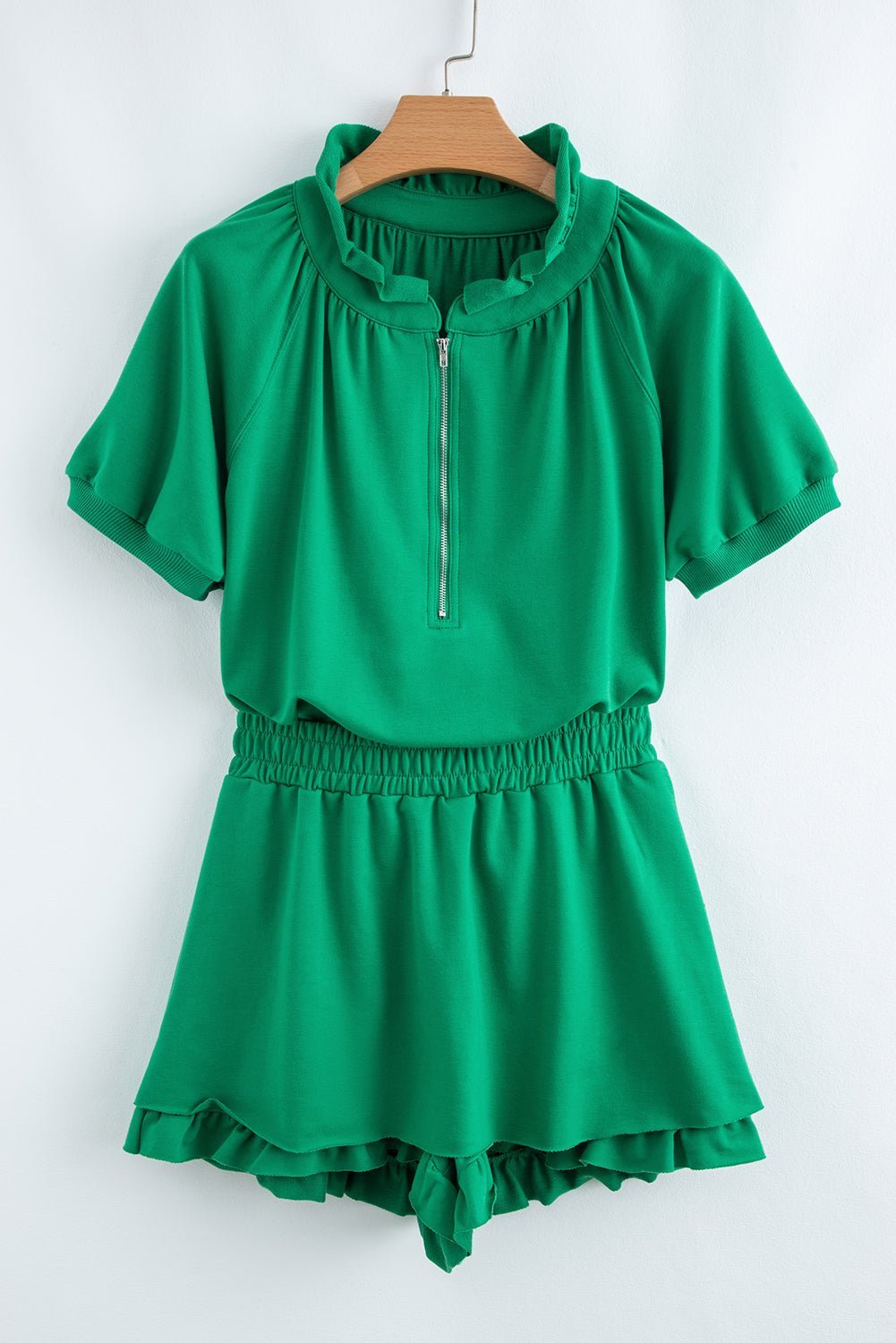 Sea Green Half Zip Puff Sleeve Top and Ruffle Shorts Set - MAD RUFFI
