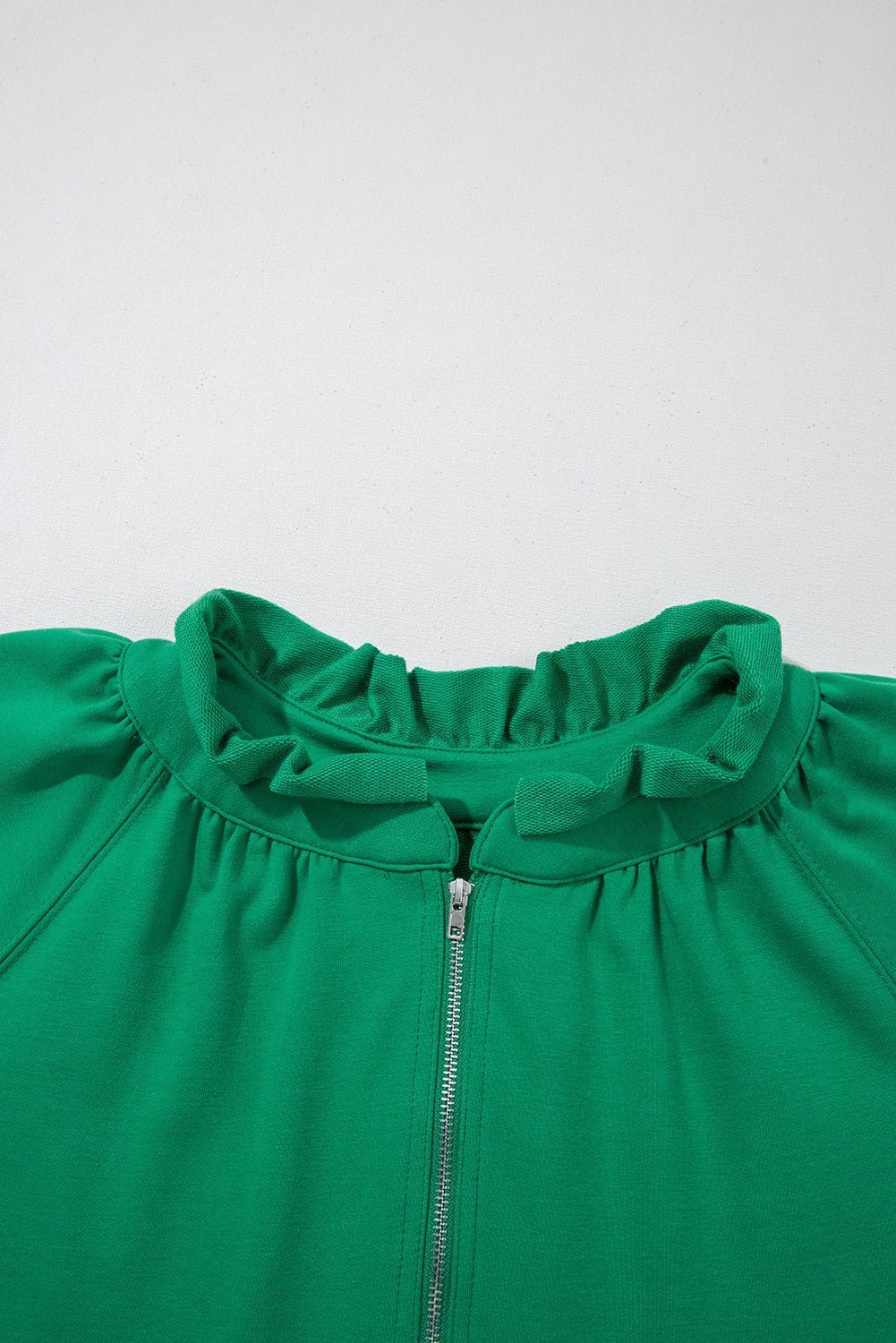 Sea Green Half Zip Puff Sleeve Top and Ruffle Shorts Set - MAD RUFFI