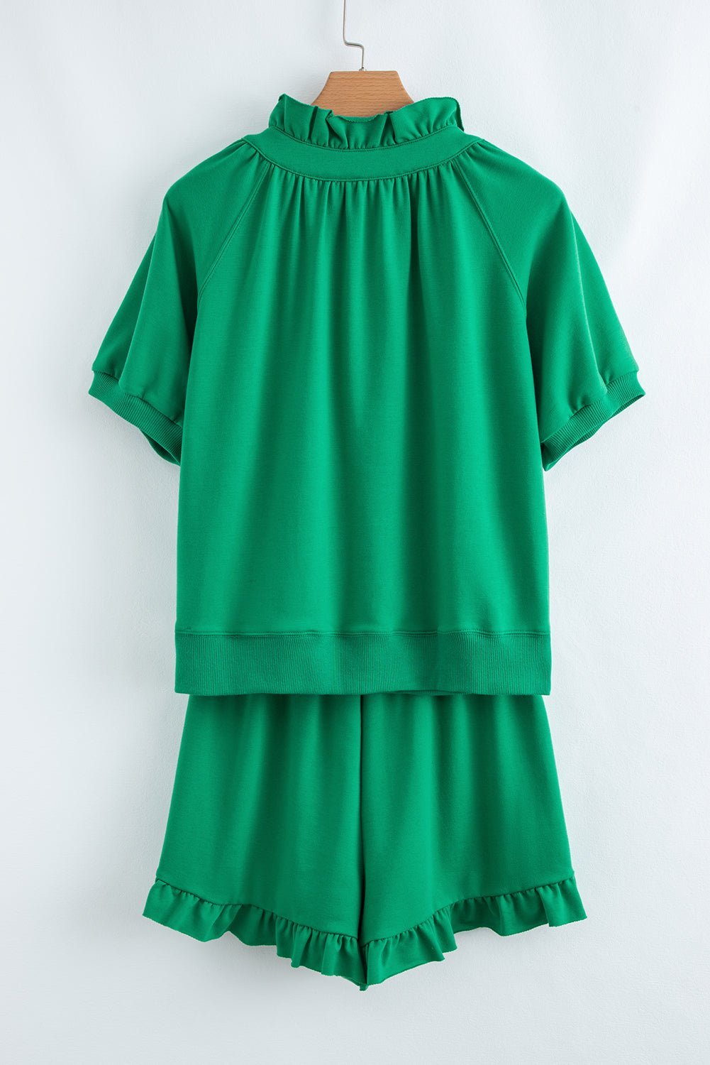 Sea Green Half Zip Puff Sleeve Top and Ruffle Shorts Set - MAD RUFFI