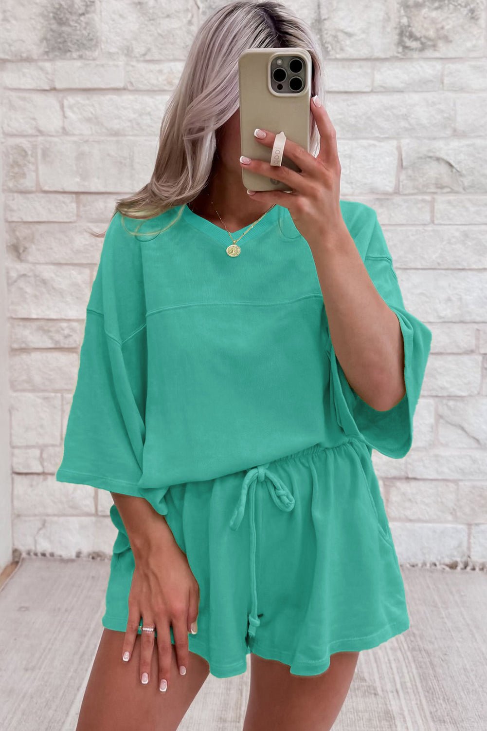 Sea Green Loose V Neck Tee and Drawstring Shorts Set - MAD RUFFI