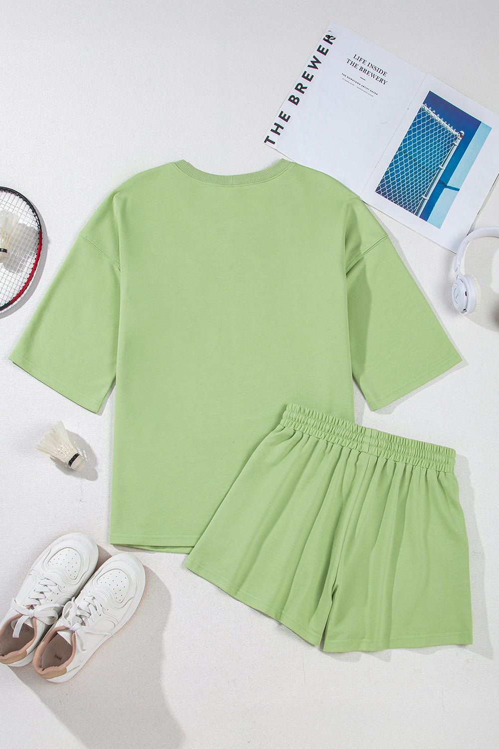 Sea Green Loose V Neck Tee and Drawstring Shorts Set - MAD RUFFI