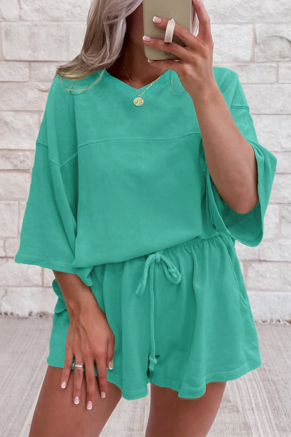Sea Green Loose V Neck Tee and Drawstring Shorts Set - MAD RUFFI