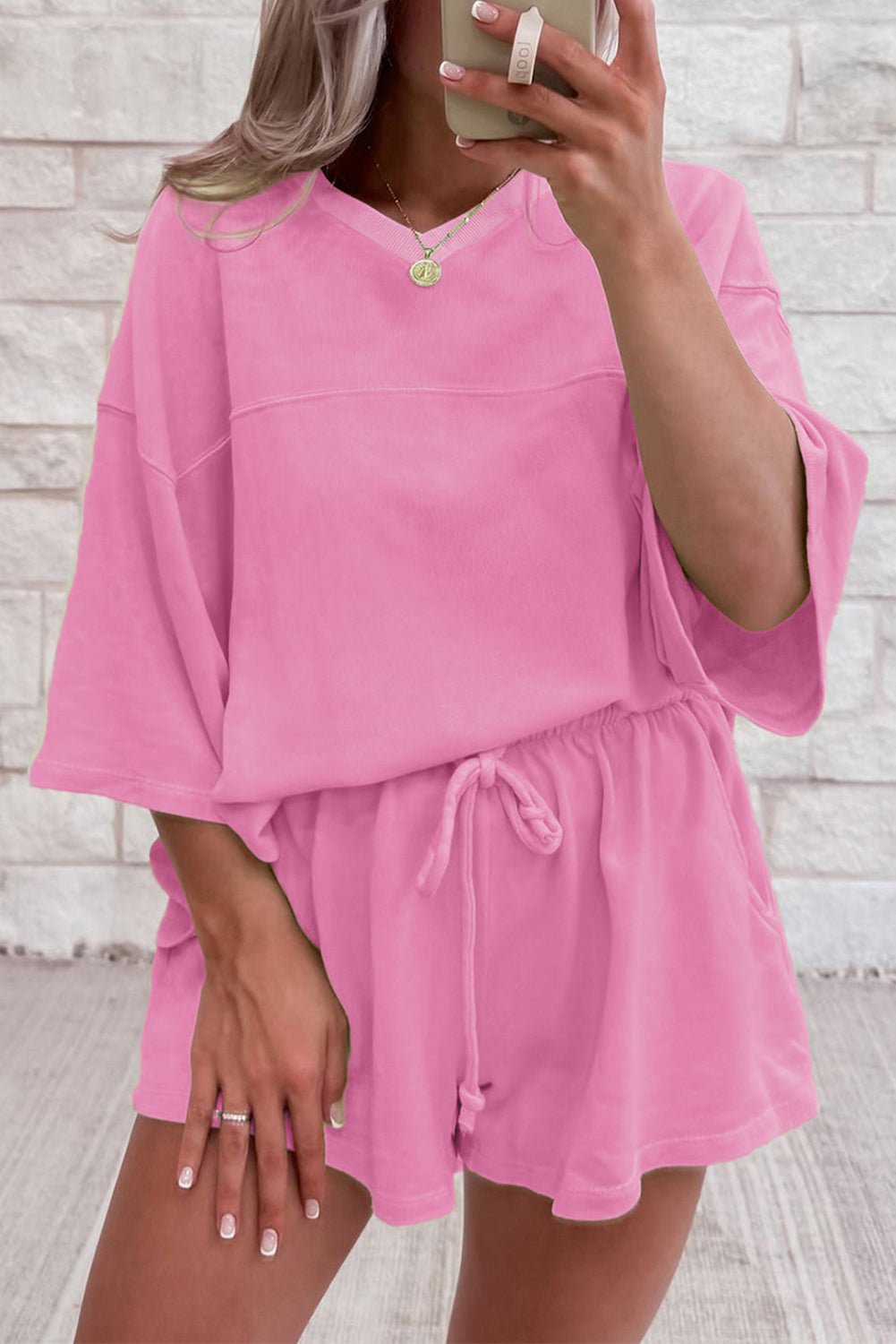 Sea Green Loose V Neck Tee and Drawstring Shorts Set - MAD RUFFI