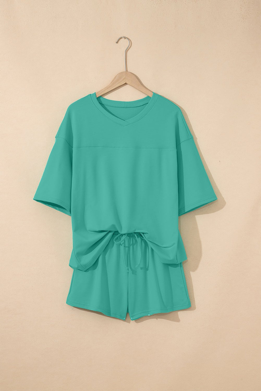 Sea Green Loose V Neck Tee and Drawstring Shorts Set - MAD RUFFI