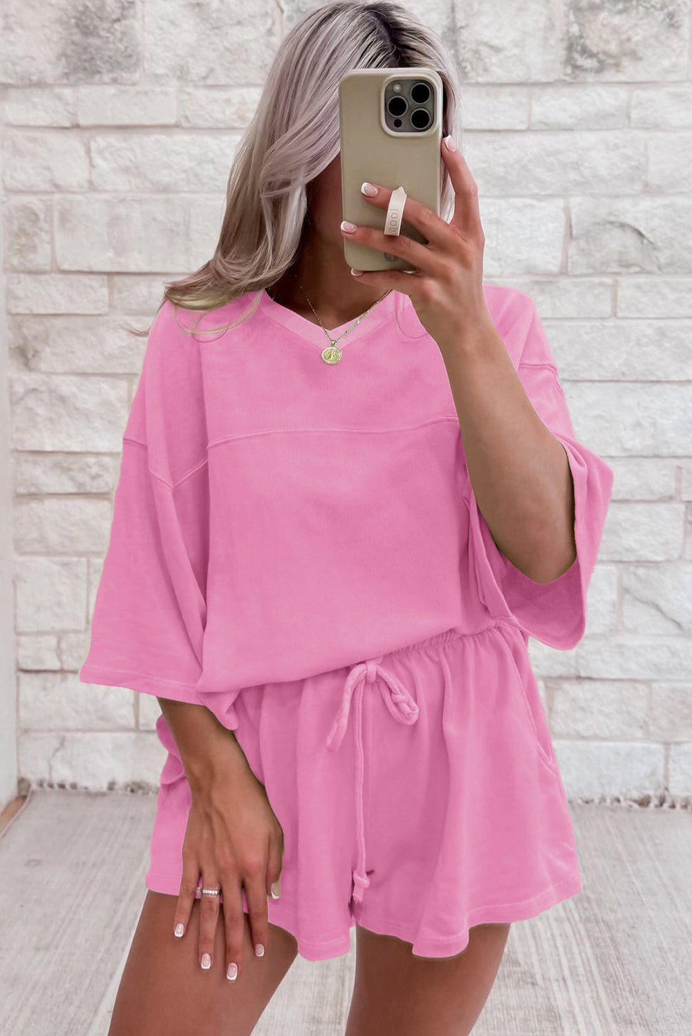 Sea Green Loose V Neck Tee and Drawstring Shorts Set - MAD RUFFI