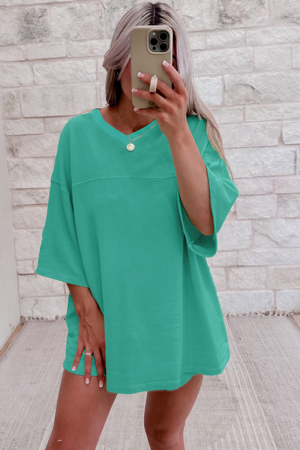 Sea Green Loose V Neck Tee and Drawstring Shorts Set - MAD RUFFI