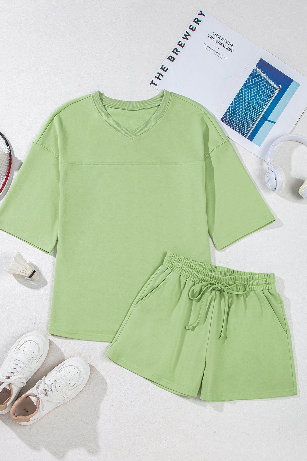 Sea Green Loose V Neck Tee and Drawstring Shorts Set - MAD RUFFI